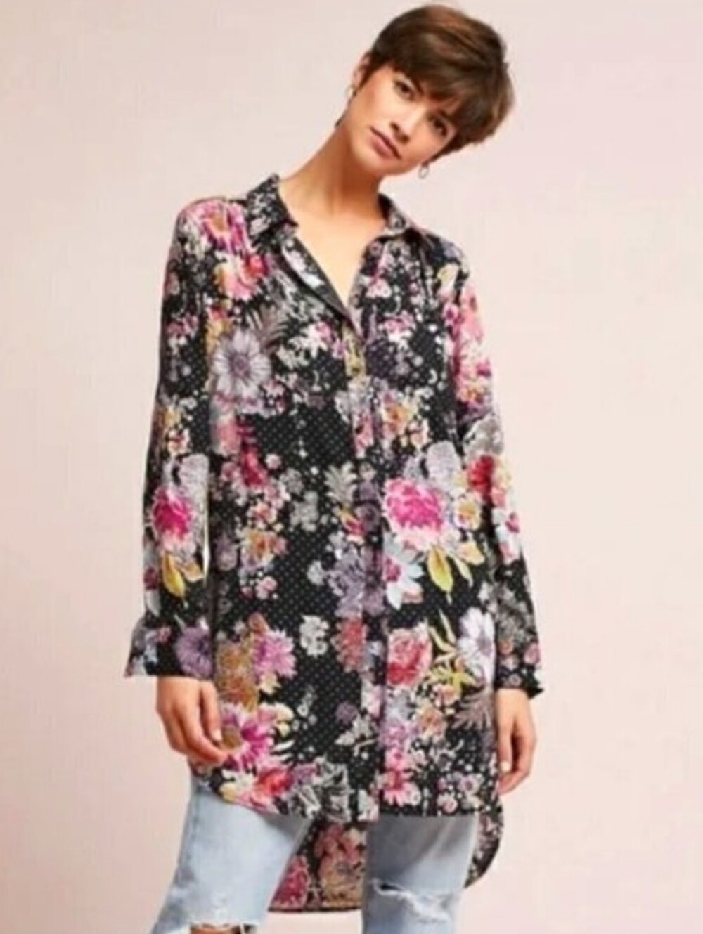 Anthropologie Maeve Floral High Low Tunic Shirt Blouse M 100% Rayon Polka Dot